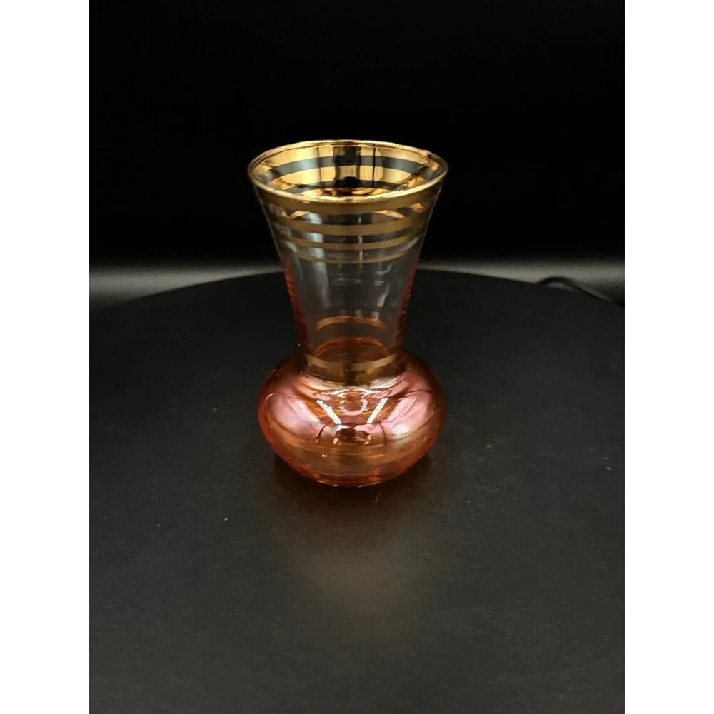 Pair Of Vintage Aperitif Luster Glass Vases Amber & Cranberry with Gold Trim MCM